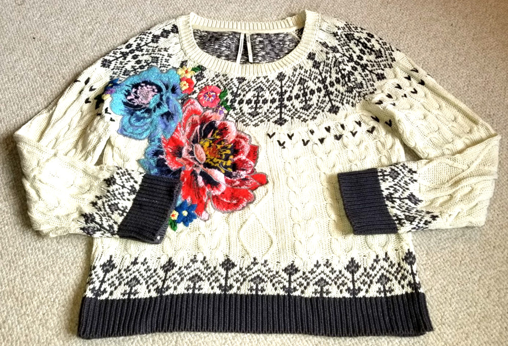 Womens Sweater-by ANTHROPOLOGIE-ivory/gray/multi cotton 'Cableknit Fairisle'-S
